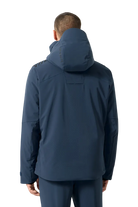 Rear view of a mountain navy Descente Men's Finder Jacket featuring 4-way stretch Dermizax fabric, Dual Zip front ventilation system, heat-molded shoulder grip panels, and an integrated Breath Ventilation collar.