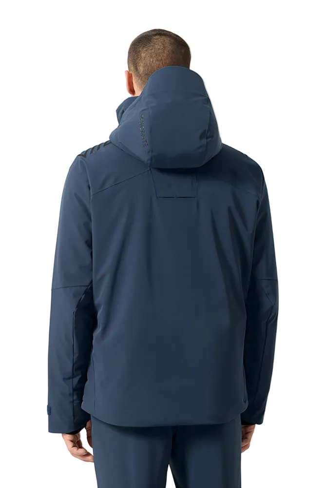 Rear view of a mountain navy Descente Men's Finder Jacket featuring 4-way stretch Dermizax fabric, Dual Zip front ventilation system, heat-molded shoulder grip panels, and an integrated Breath Ventilation collar.