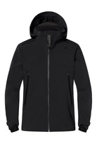 A black Descente Men's Finder ski jacket that features 20K waterproofing and 20K breathability, a premium 4-way sretch technical fabric, and a sleek silhouette.