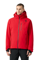 Front view of an electric red Descente Men's Josh Jacket featuring 4-way stretch Dermizax fabric, minimal seam construction, heat-sealed chest pocket, and underarm zip ventilation.
