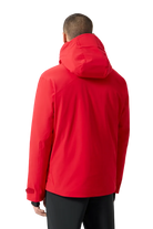 Rear view of an electric red Descente Men's Josh Jacket featuring 4-way stretch Dermizax fabric, minimal seam construction, heat-sealed chest pocket, and underarm zip ventilation.