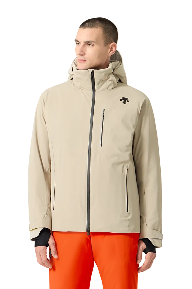 Front view of a sand beige Descente Men's Josh Jacket featuring 4-way stretch Dermizax fabric, minimal seam construction, heat-sealed chest pocket, and underarm zip ventilation.