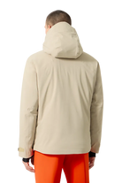 Rear view of a sand beige Descente Men's Josh Jacket featuring 4-way stretch Dermizax fabric, minimal seam construction, heat-sealed chest pocket, and underarm zip ventilation.