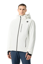 Front view of a super white Descente Men's Josh Jacket featuring 4-way stretch Dermizax fabric, minimal seam construction, heat-sealed chest pocket, and underarm zip ventilation.