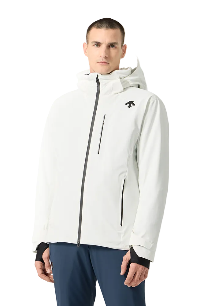 Front view of a super white Descente Men's Josh Jacket featuring 4-way stretch Dermizax fabric, minimal seam construction, heat-sealed chest pocket, and underarm zip ventilation.