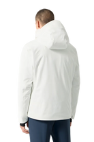 Rear view of a super white Descente Men's Josh Jacket featuring 4-way stretch Dermizax fabric, minimal seam construction, heat-sealed chest pocket, and underarm zip ventilation.