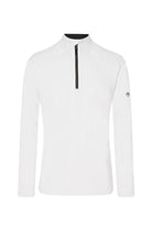 A white Descente Men’s Piccard T-Neck made from a premium technical fabric with a descente logo on the arm.