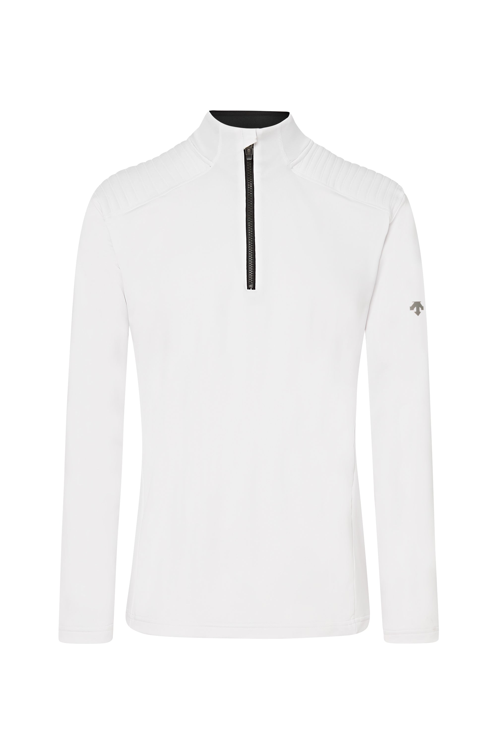 A white Descente Men’s Piccard T-Neck made from a premium technical fabric with a descente logo on the arm.