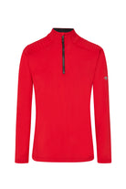 A red Descente Men’s Piccard T-Neck made from a premium technical fabric with a descente logo on the arm.