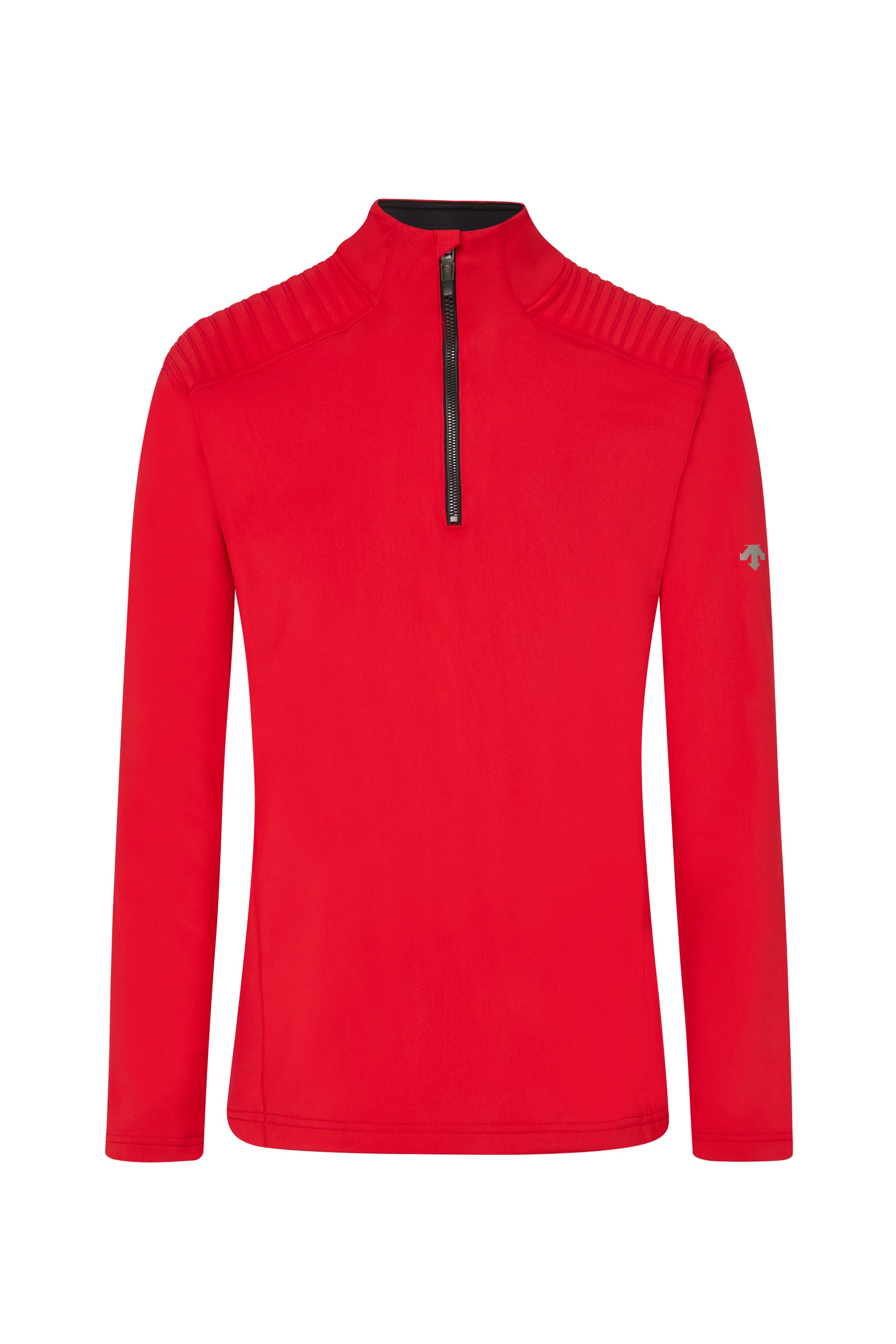 A red Descente Men’s Piccard T-Neck made from a premium technical fabric with a descente logo on the arm.