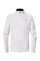 A white Descente Men's Shoulder Trim turtleneck sweater that is made from a premium technical fabric.