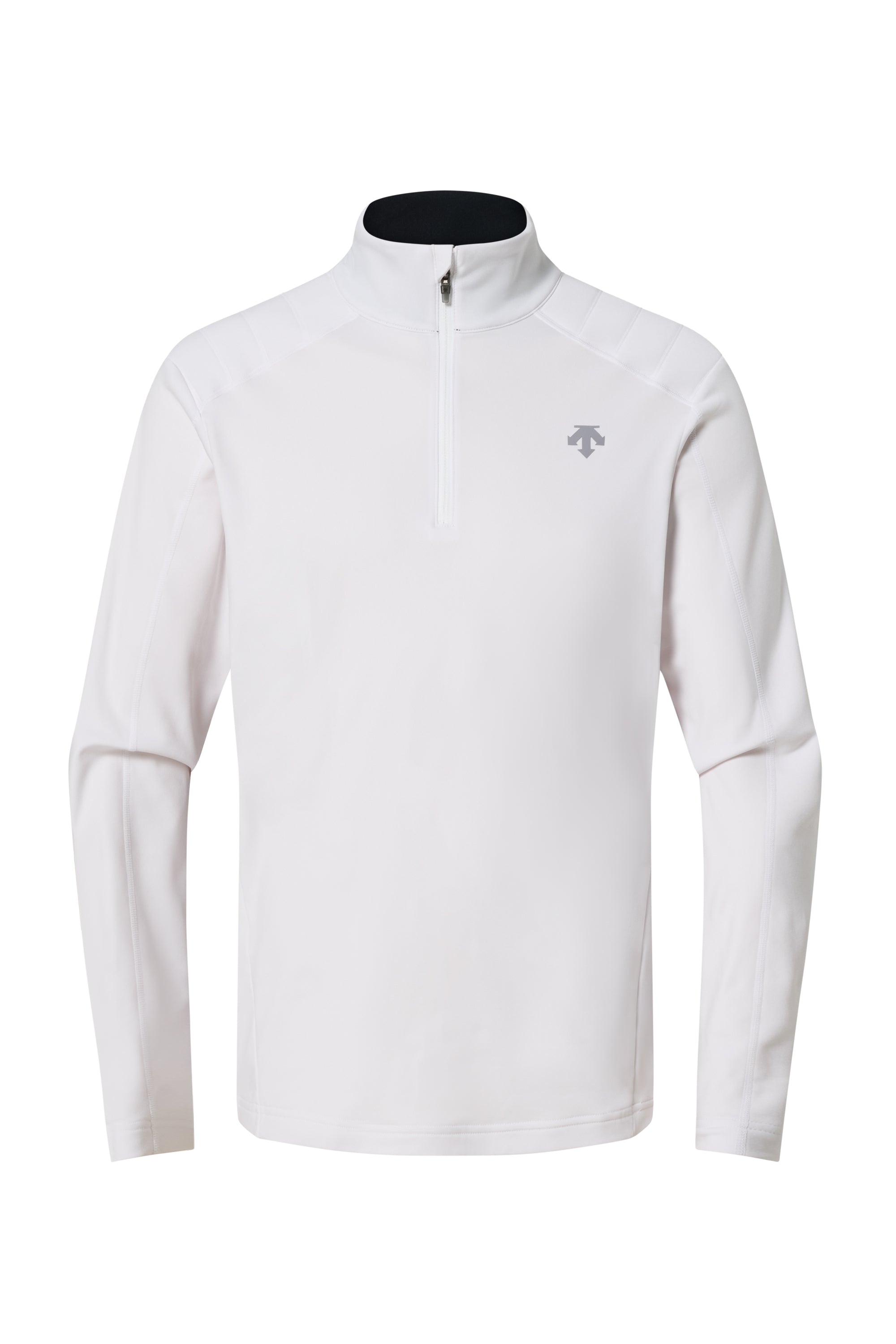 A white Descente Men's Shoulder Trim turtleneck sweater that is made from a premium technical fabric.