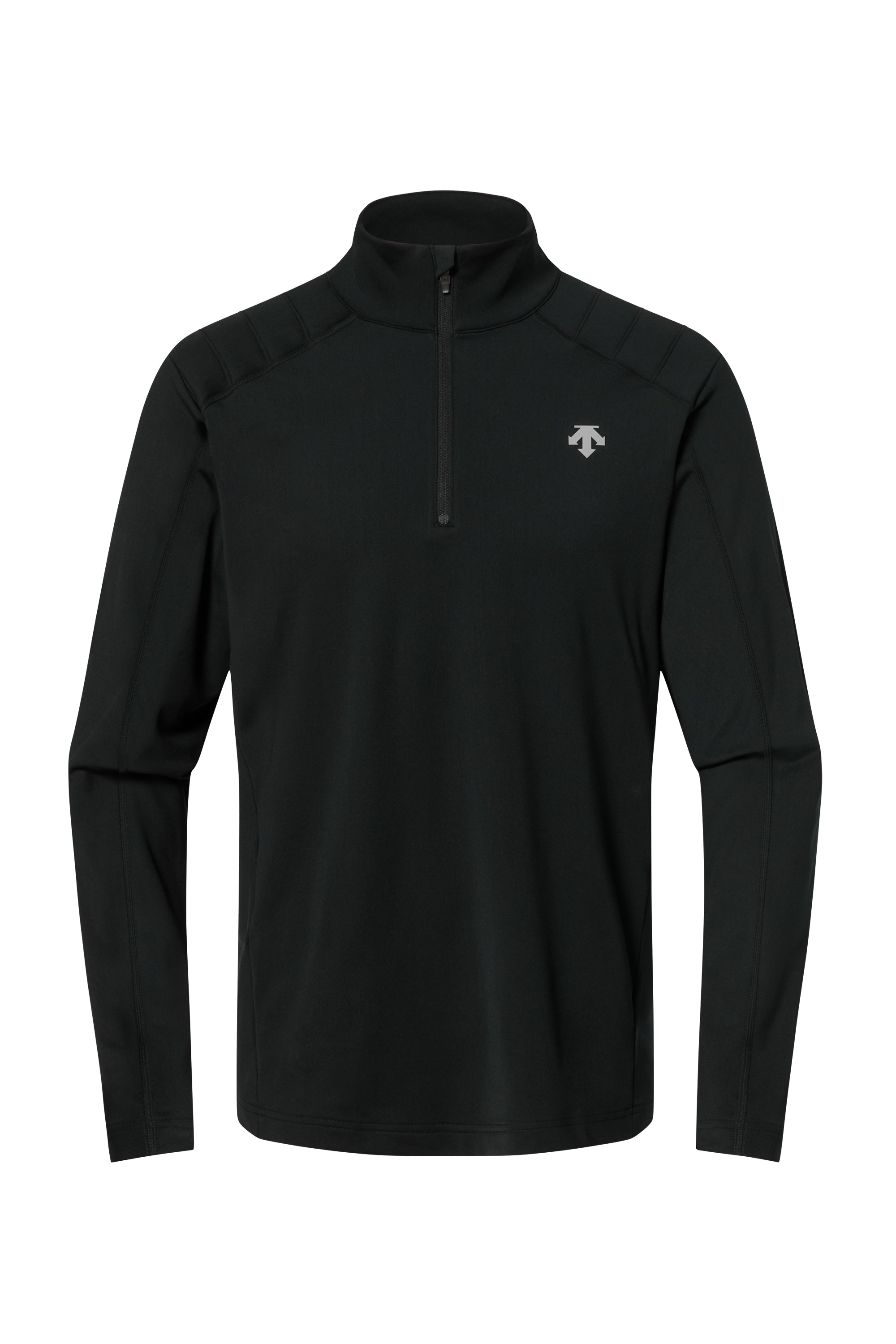 A black Descente Men's Shoulder Trim turtleneck sweater that is made from a premium technical fabric.