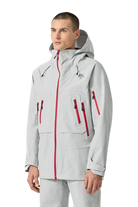 Front view of the Descente Men's S.I.O Shell 3L Jacket featuring 3-layer 4-way stretch Dermizax fabric, S.I.O seam-reduced construction, Dual Zip front ventilation system, and chest vent pockets.