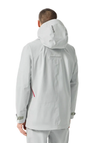 Rear view of the Descente Men's S.I.O Shell 3L Jacket featuring 3-layer 4-way stretch Dermizax fabric, S.I.O seam-reduced construction, Dual Zip front ventilation system, and chest vent pockets.