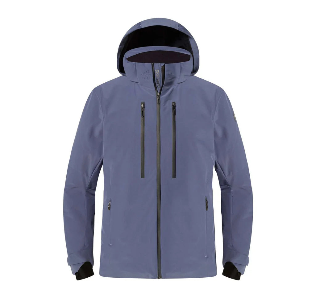A blue-grey Descente Men's Stream Ski Jacket that features 20K waterproofing and 20K breathability, a premium 4-way stretch technical fabric, and a form-flattering silhouette.