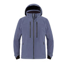 A blue-grey Descente Men's Stream Ski Jacket that features 20K waterproofing and 20K breathability, a premium 4-way stretch technical fabric, and a form-flattering silhouette.
