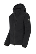 A black Descente Men’s Swiss Down Ski Jacket that features 20K waterproofing and 20K breathability, a premium 4-way stretch technical fabric, and a flattering silhouette.
