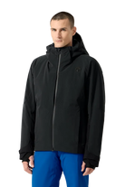Front view of a black Descente Men's Swiss Down Jacket featuring 4-way stretch Dermizax fabric, Heat Navi thermal insulation, Dual Zip front adjustment system, integrated Breath Ventilation collar, and waterproof YKK zippers.
