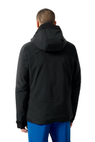Rear view of a black Descente Men's Swiss Down Jacket featuring 4-way stretch Dermizax fabric, Heat Navi thermal insulation, Dual Zip front adjustment system, integrated Breath Ventilation collar, and waterproof YKK zippers.