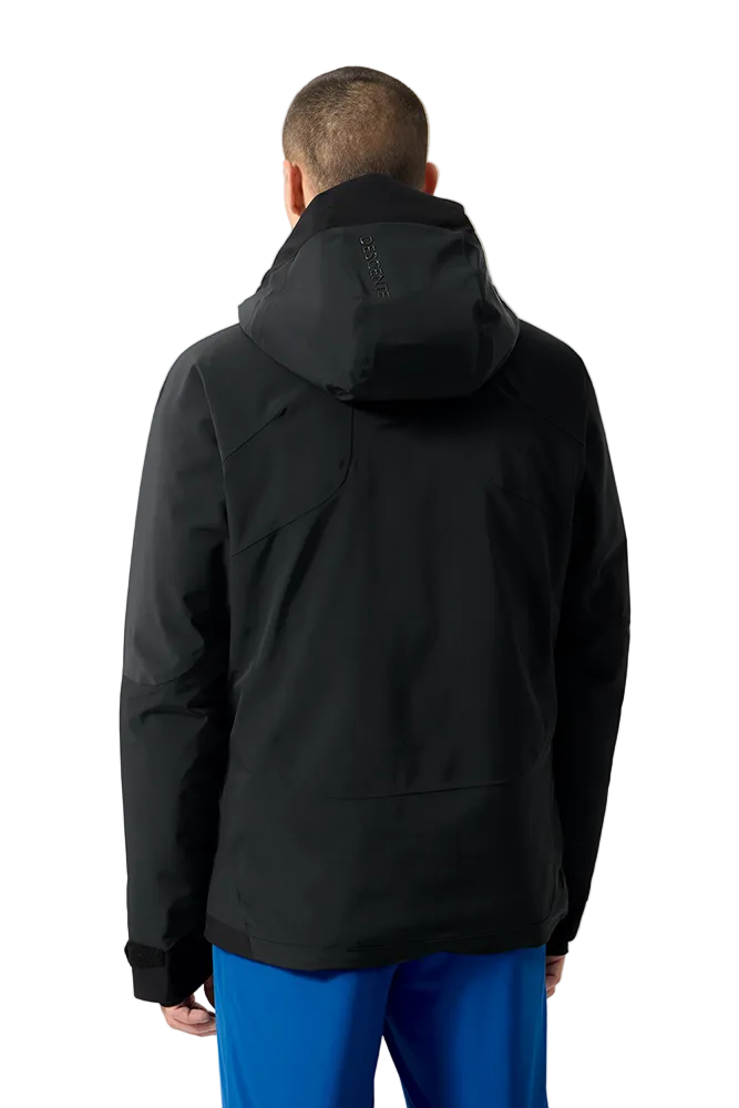 Rear view of a black Descente Men's Swiss Down Jacket featuring 4-way stretch Dermizax fabric, Heat Navi thermal insulation, Dual Zip front adjustment system, integrated Breath Ventilation collar, and waterproof YKK zippers.