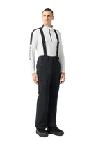 Front view of black Descente Men's Swiss Pants featuring 4-way stretch Dermizax fabric, S.I.O ergonomic articulation, side leg ventilation zips, removable suspenders, and reinforced Cordura edge guards.