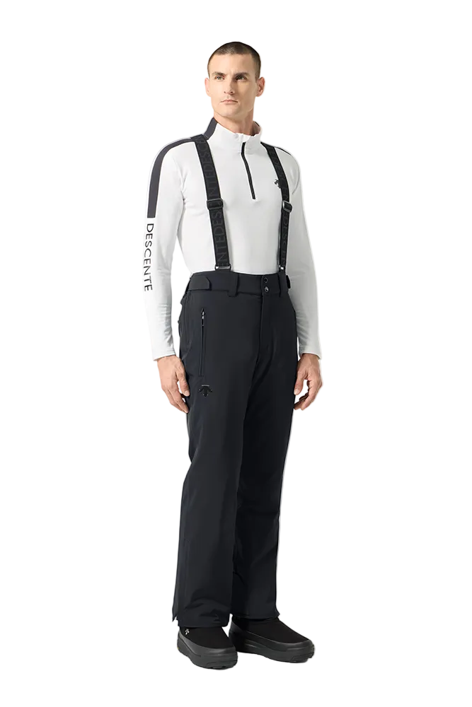 Front view of black Descente Men's Swiss Pants featuring 4-way stretch Dermizax fabric, S.I.O ergonomic articulation, side leg ventilation zips, removable suspenders, and reinforced Cordura edge guards.