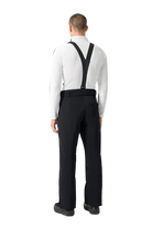 Rear view of black Descente Men's Swiss Pants featuring 4-way stretch Dermizax fabric, S.I.O ergonomic articulation, side leg ventilation zips, removable suspenders, and reinforced Cordura edge guards.
