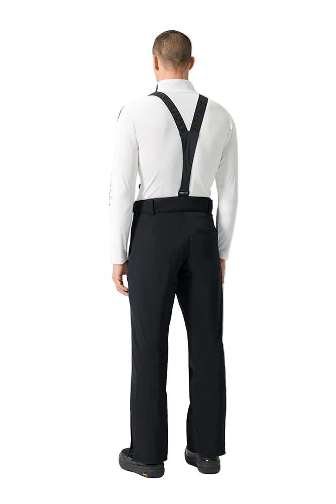 Rear view of black Descente Men's Swiss Pants featuring 4-way stretch Dermizax fabric, S.I.O ergonomic articulation, side leg ventilation zips, removable suspenders, and reinforced Cordura edge guards.