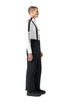 Side view of black Descente Men's Swiss Pants featuring 4-way stretch Dermizax fabric, S.I.O ergonomic articulation, side leg ventilation zips, removable suspenders, and reinforced Cordura edge guards.