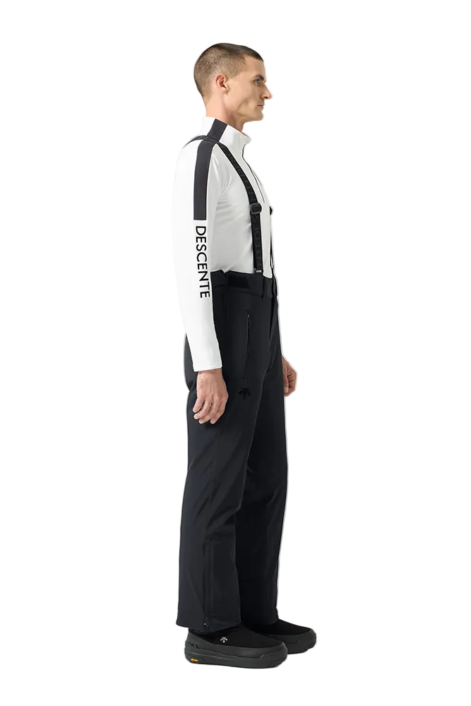 Side view of black Descente Men's Swiss Pants featuring 4-way stretch Dermizax fabric, S.I.O ergonomic articulation, side leg ventilation zips, removable suspenders, and reinforced Cordura edge guards.