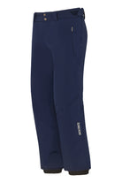 A pair of navy Descente Men's Insulated Swiss Ski Pants that feature 20K waterproofing and 20K breathability, a premium 4-way stretch technicl fabric, and a sleek silhouette.