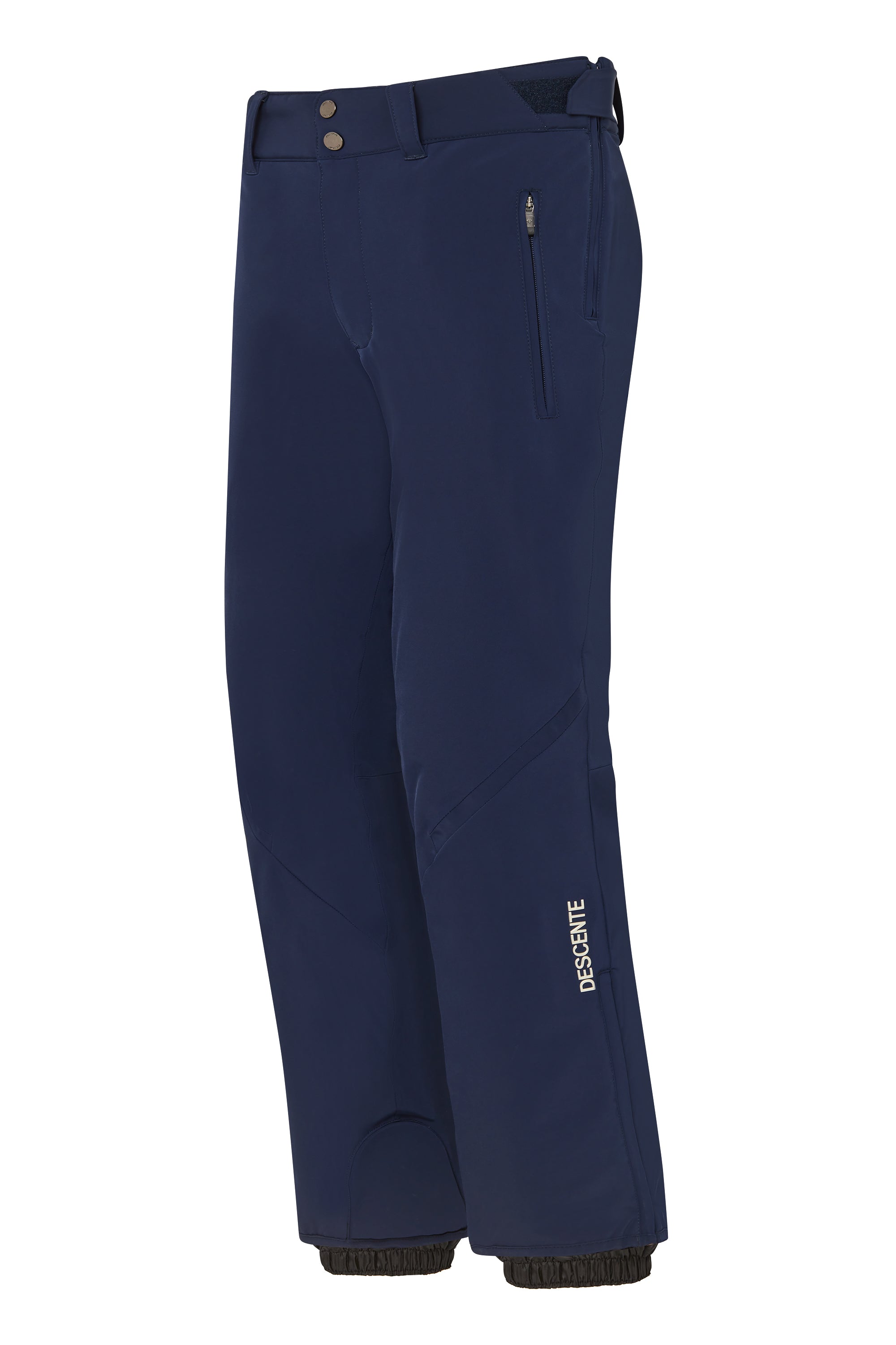 A pair of navy Descente Men's Insulated Swiss Ski Pants that feature 20K waterproofing and 20K breathability, a premium 4-way stretch technicl fabric, and a sleek silhouette.