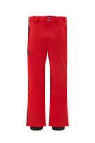 A pair of red Descente Men's Insulated Swiss Ski Pants that feature 20K waterproofing and 20K breathability, a premium 4-way stretch technicl fabric, and a sleek silhouette.