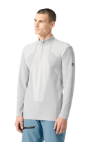 Front view of the icicle white Descente Men's Ventilation Turtleneck Sweater featuring Heat Navi technical stretch knit fabric, high-neck protection, laser-cut ventilation micro-holes, and flatlock seams.