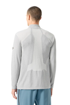 Rear view of the icicle white Descente Men's Ventilation Turtleneck Sweater featuring Heat Navi technical stretch knit fabric, high-neck protection, laser-cut ventilation micro-holes, and flatlock seams.