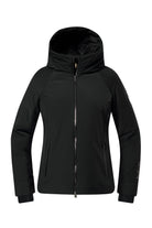 A black Descente Women's Double Collar Ski Jacket that features a 20K waterproof and 20K breathable membrane, a premium 4-way stretch technical fabric, and a flattering silhouette.