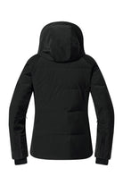 A black Descente Women's Double Collar Ski Jacket that features a 20K waterproof and 20K breathable membrane, a premium 4-way stretch technical fabric, and a flattering silhouette.
