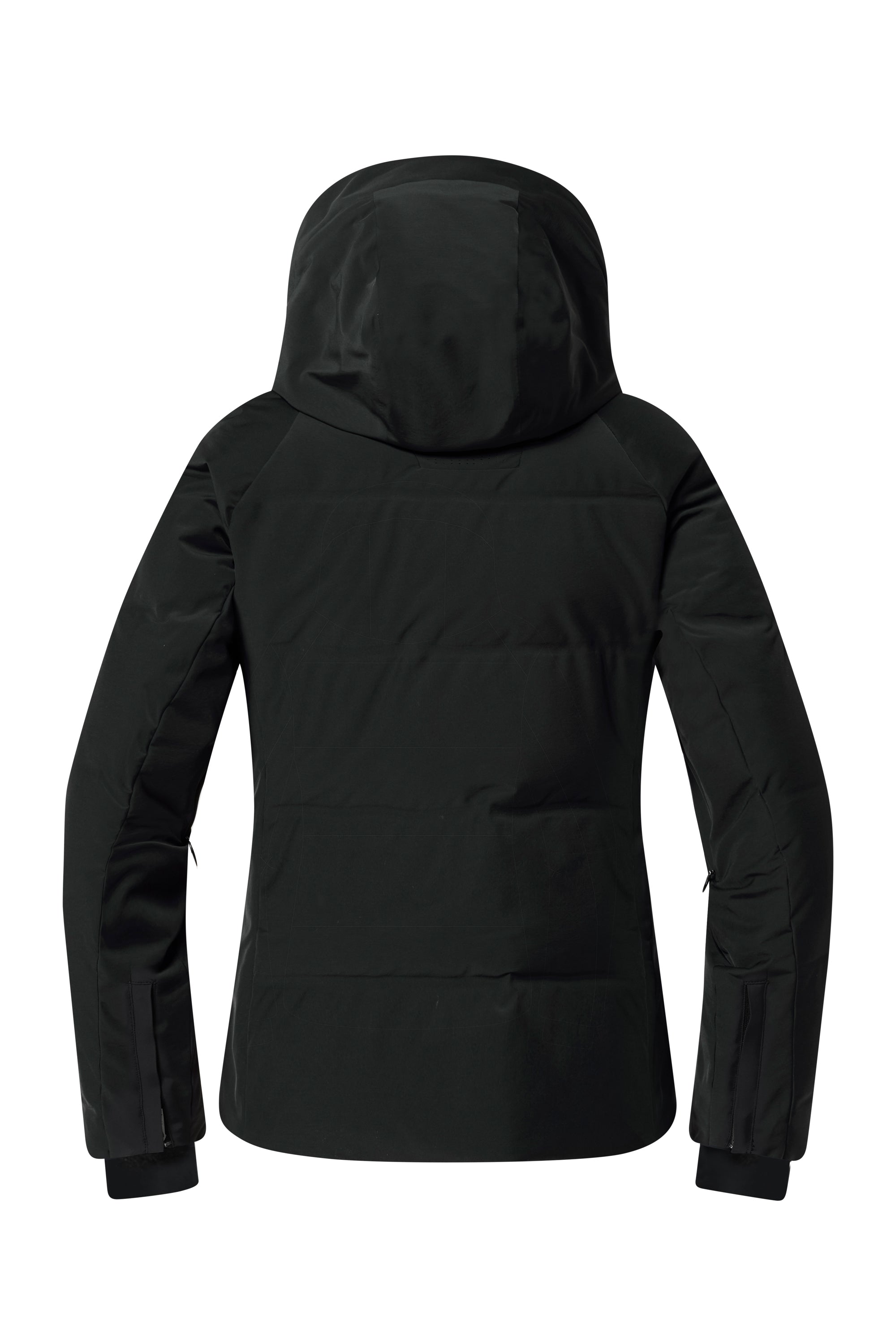 A black Descente Women's Double Collar Ski Jacket that features a 20K waterproof and 20K breathable membrane, a premium 4-way stretch technical fabric, and a flattering silhouette.