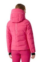 Rear view of a fuschia pink Descente Women’s Down Jacket featuring welded down baffles, a 4-way stretch Dermizax shell, an integrated storm hood, and a tailored silhouette.