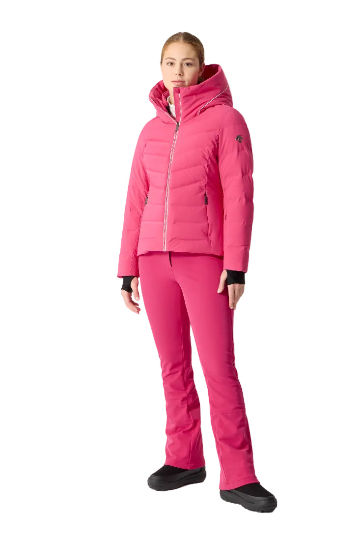 Front view of a fuschia pink Descente Women’s Down Jacket featuring welded down baffles, a 4-way stretch Dermizax shell, an integrated storm hood, and a tailored silhouette.