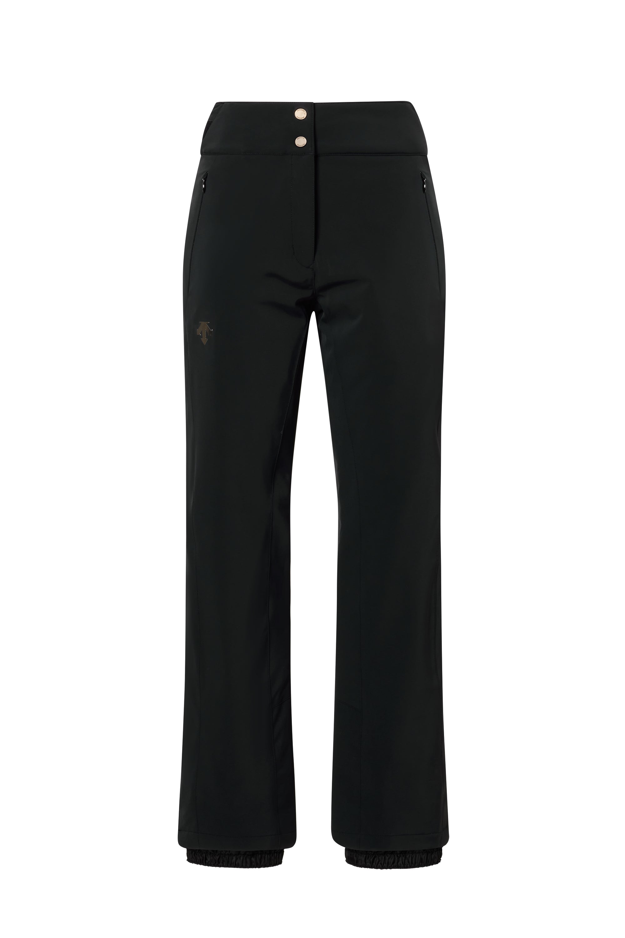 A pair of black Descente Women's Giselle Insulated ski pants that feature a 20K waterproof and 20K breathable membrane, a premium 4-way stretch technical fabric, and a sleek, flattering silhouette.
