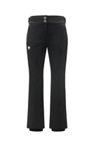 A pair of black Descente Women’s Giselle Ski Pants that feature a 20K waterproof 20K breathability membrane, a premium 4-way stretch technical fabric, and a form-flattering silhouette.