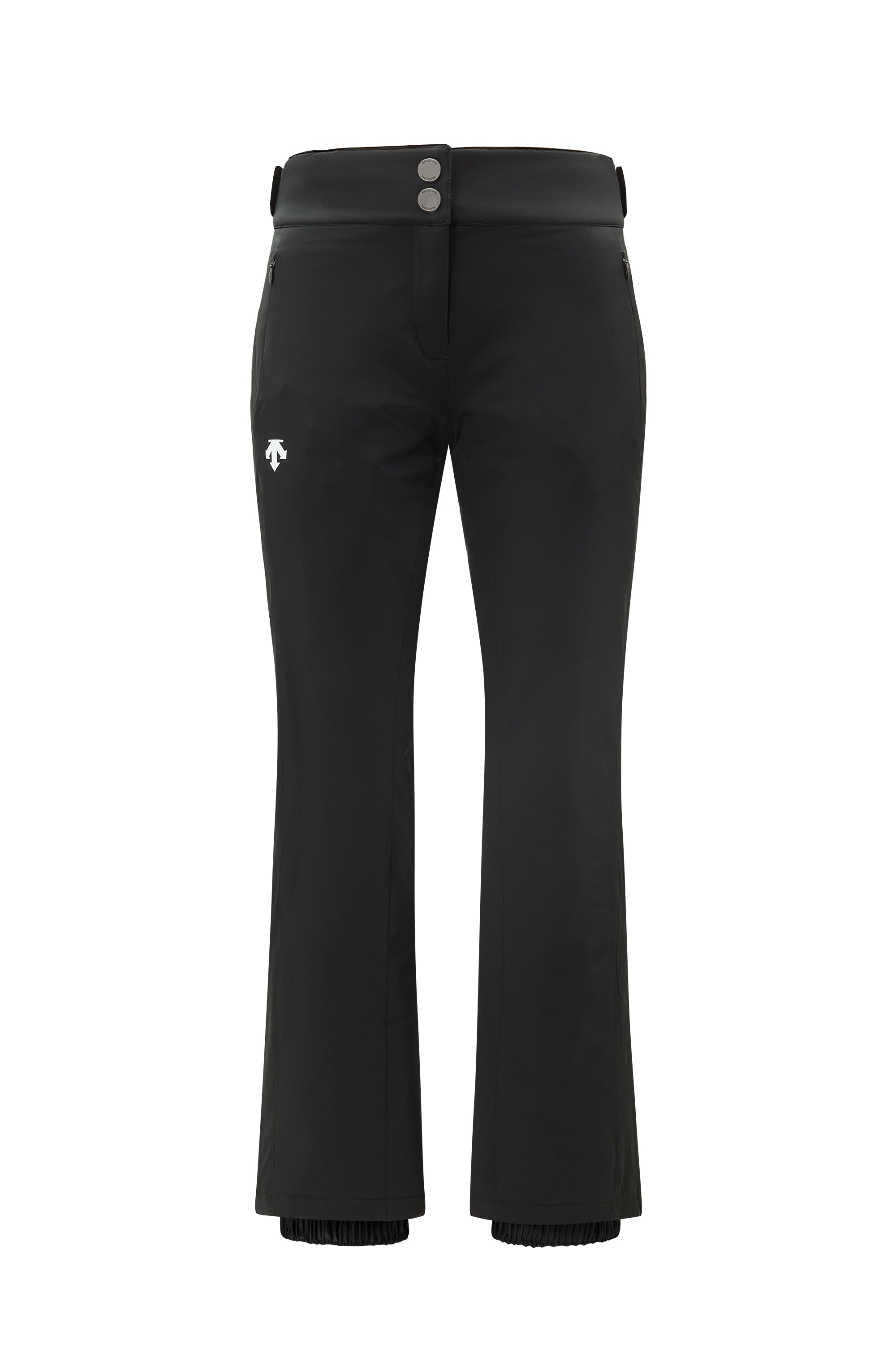 A pair of black Descente Women’s Giselle Ski Pants that feature a 20K waterproof 20K breathability membrane, a premium 4-way stretch technical fabric, and a form-flattering silhouette.