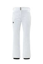 A pair of white Descente Women’s Giselle Ski Pants that feature a 20K waterproof 20K breathability membrane, a premium 4-way stretch technical fabric, and a form-flattering silhouette.