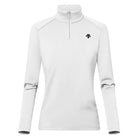 A white Descente Women's Grace T-Neck sweater that is made from a premium technical fabric.
