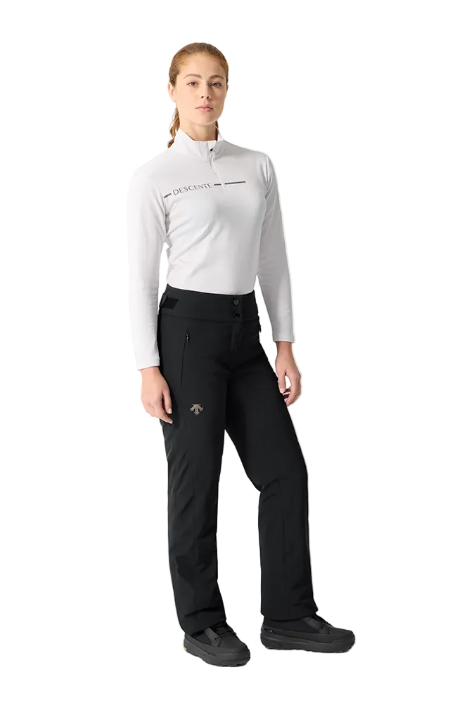Front view of black Descente Women's Insulated Pants featuring 4-way stretch Dermizax fabric, S.I.O ergonomic articulation, adjustable waist tabs, and reinforced Cordura edge guards.