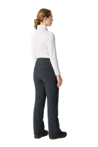 Rear view of black Descente Women's Insulated Pants featuring 4-way stretch Dermizax fabric, S.I.O ergonomic articulation, adjustable waist tabs, and reinforced Cordura edge guards.