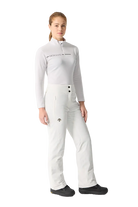 Front view of super white Descente Women's Insulated Pants featuring 4-way stretch Dermizax fabric, S.I.O ergonomic articulation, adjustable waist tabs, and reinforced Cordura edge guards.