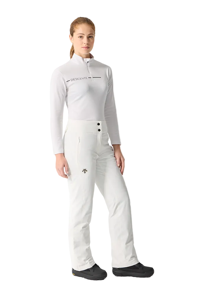 Front view of super white Descente Women's Insulated Pants featuring 4-way stretch Dermizax fabric, S.I.O ergonomic articulation, adjustable waist tabs, and reinforced Cordura edge guards.